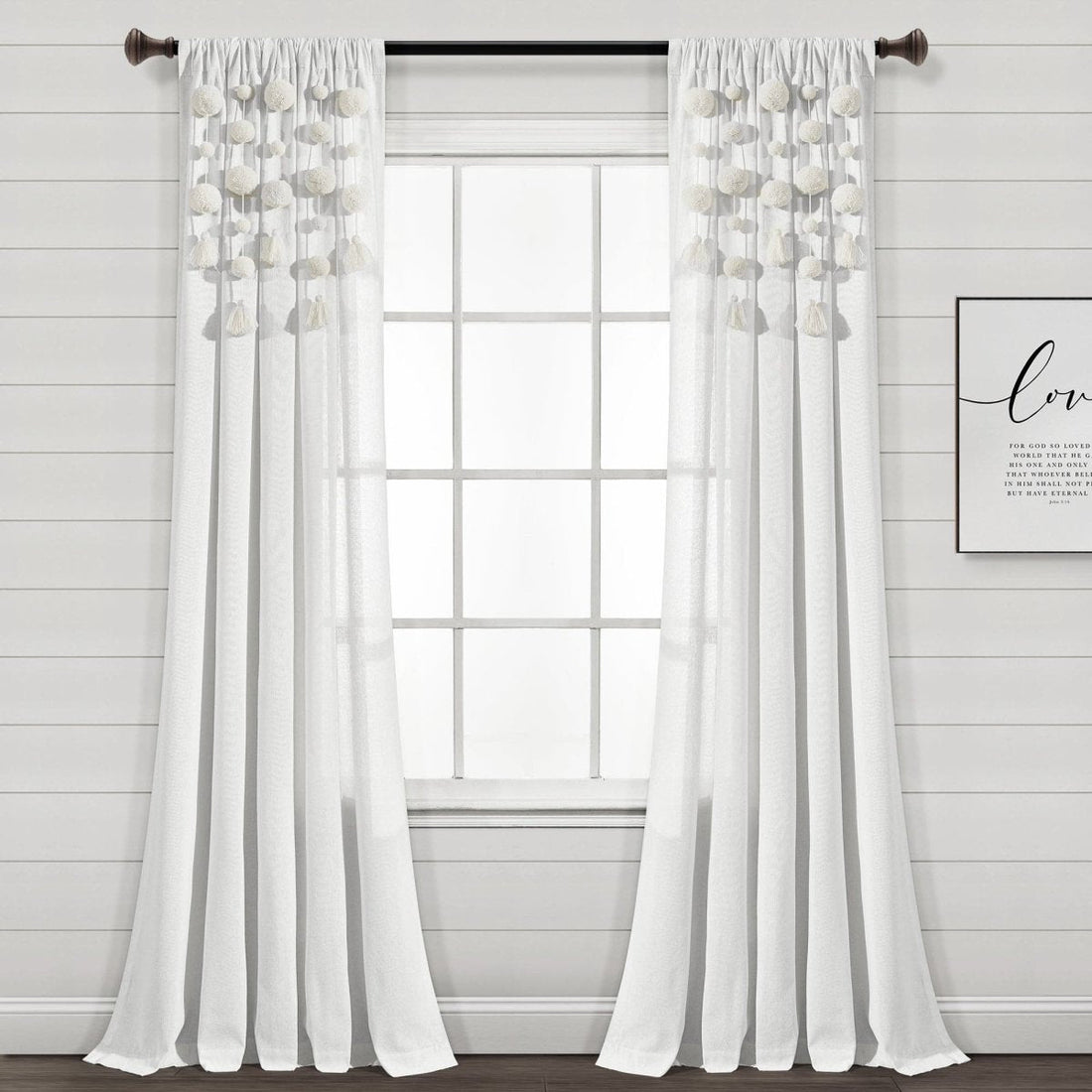 Boho Pom Pom Tassel Faux Linen Window Curtain Panels