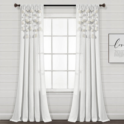 Boho Pom Pom Tassel Faux Linen Window Curtain Panels