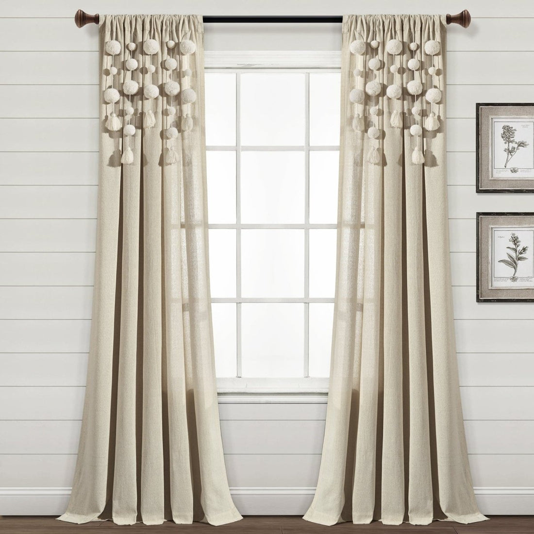 Boho Pom Pom Tassel Faux Linen Window Curtain Panels