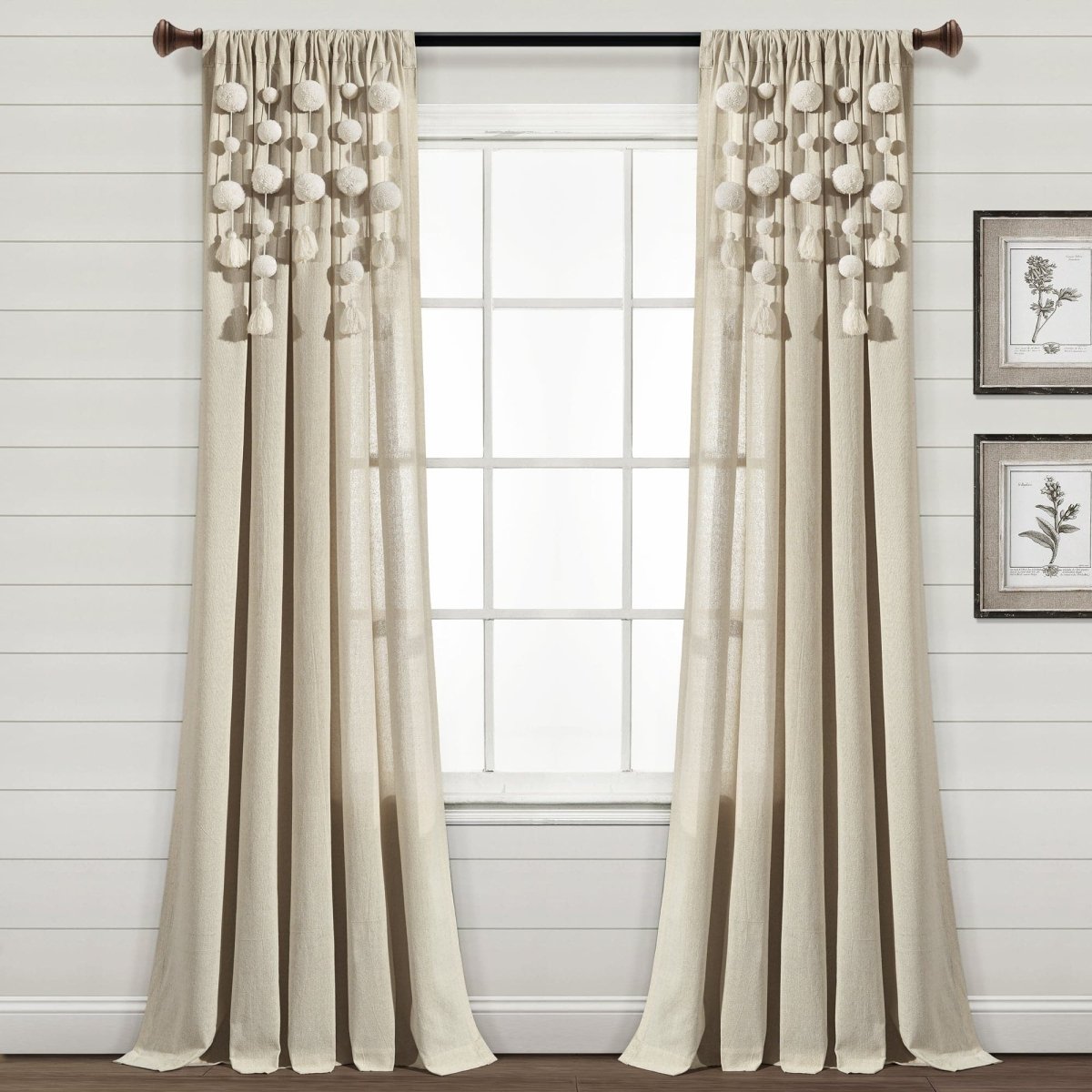 Boho Pom Pom Tassel Faux Linen Window Curtain Panels
