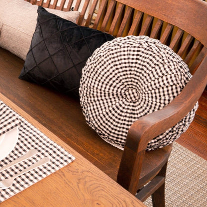 Gingham Check Yarn Dyed Pleated Round Pillow