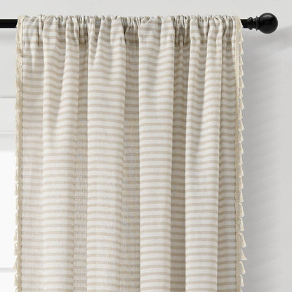 Boho-Coastal Horizontal Ticking Stripe Tassel Window Curtain Panel Sets