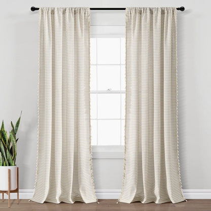 Boho-Coastal Horizontal Ticking Stripe Tassel Window Curtain Panel Sets