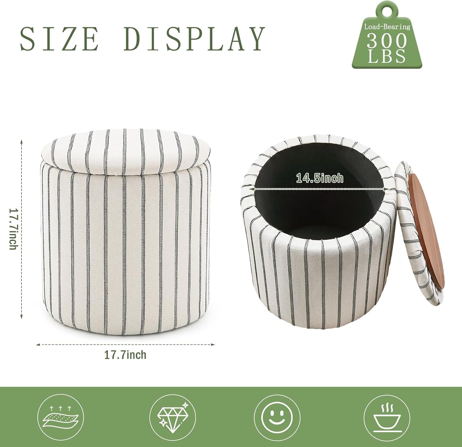 Striped Round Storage Ottoman With Removable Tray