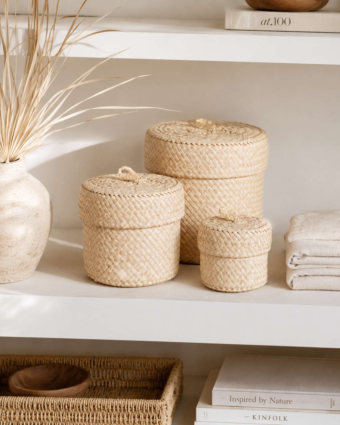 Handmade Blonde Pandanus Leaf Small Storage Baskets - Set of 3