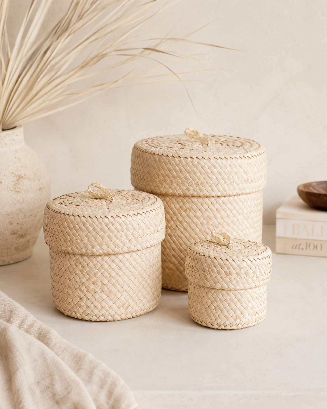 Handmade Blonde Pandanus Leaf Small Storage Baskets - Set of 3