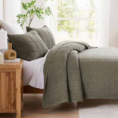 Logan Stone Washed Cotton Quilt 3 Piece Set - Sand, Faded Olive