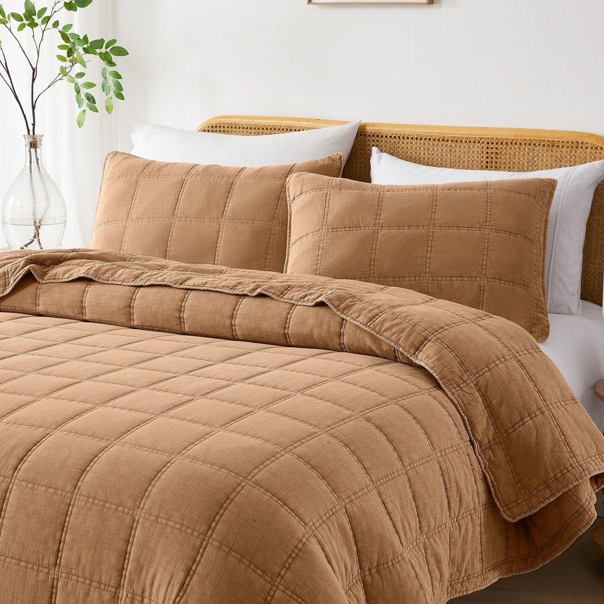 Logan Stone Washed Cotton Quilt 3 Piece Set - Sand, Faded Olive