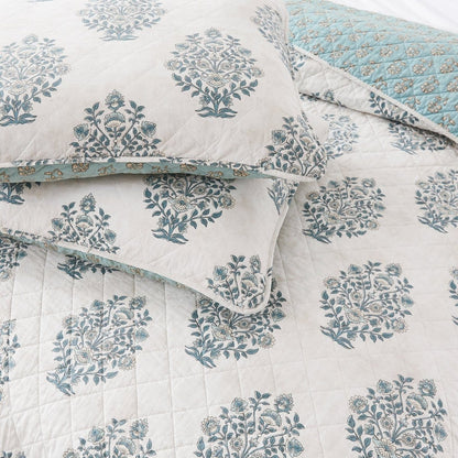 Sofia Flower Block Bouquet Reversible Cotton Quilt 3Pc Set