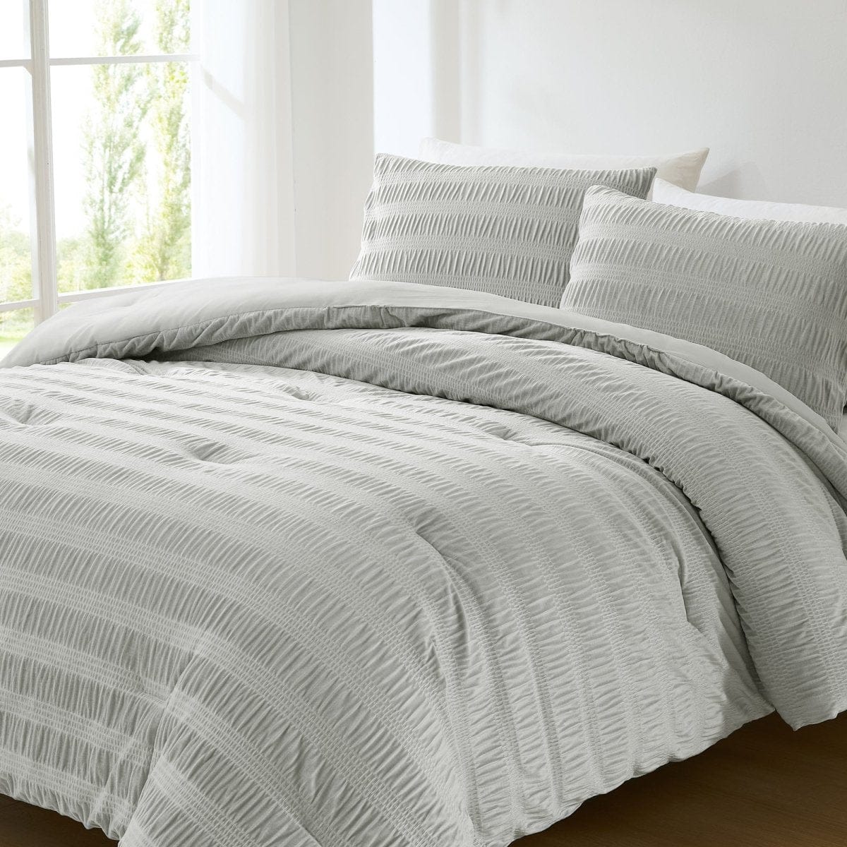 Azalea Ruched Velvet Stripe Comforter Set in Teal Green or Light Grey