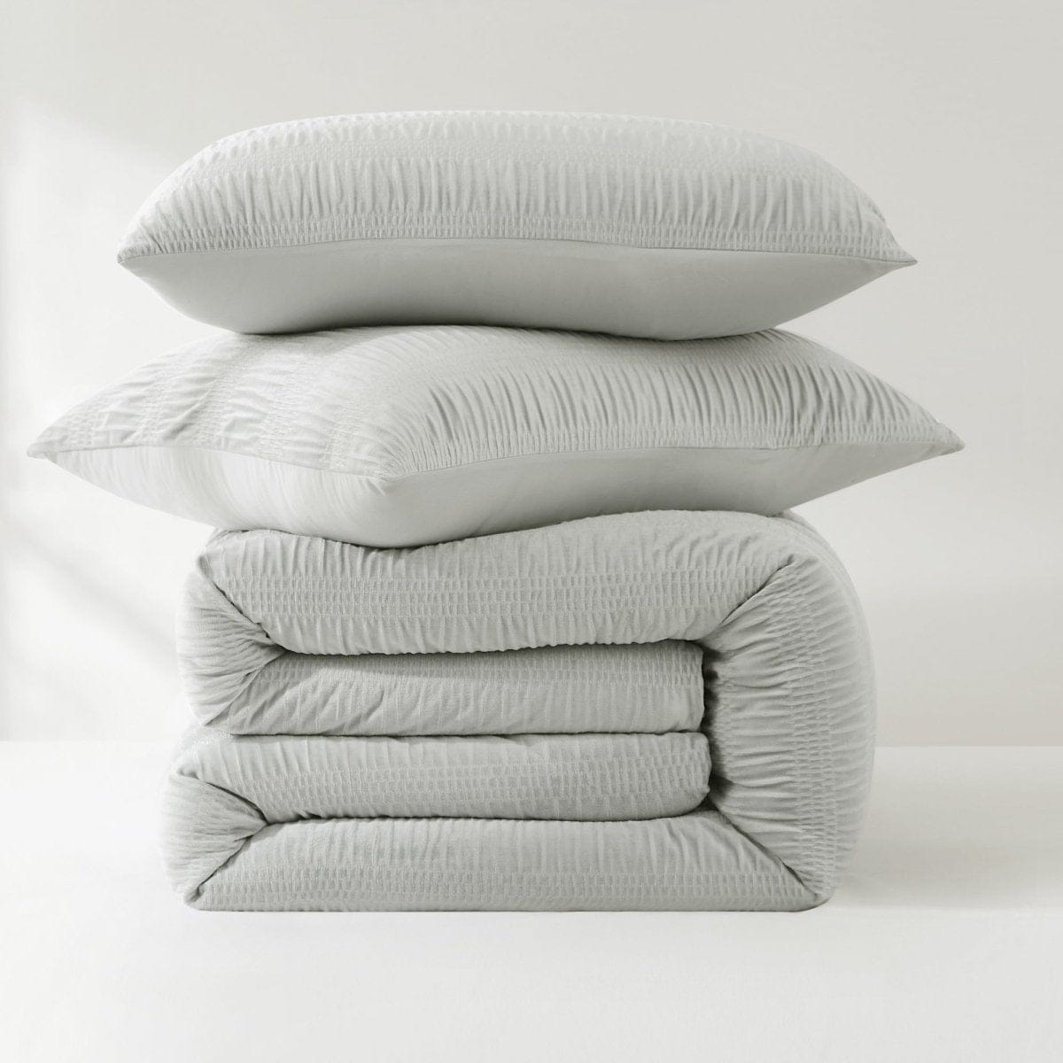 Azalea Ruched Velvet Stripe Comforter Set in Teal Green or Light Grey