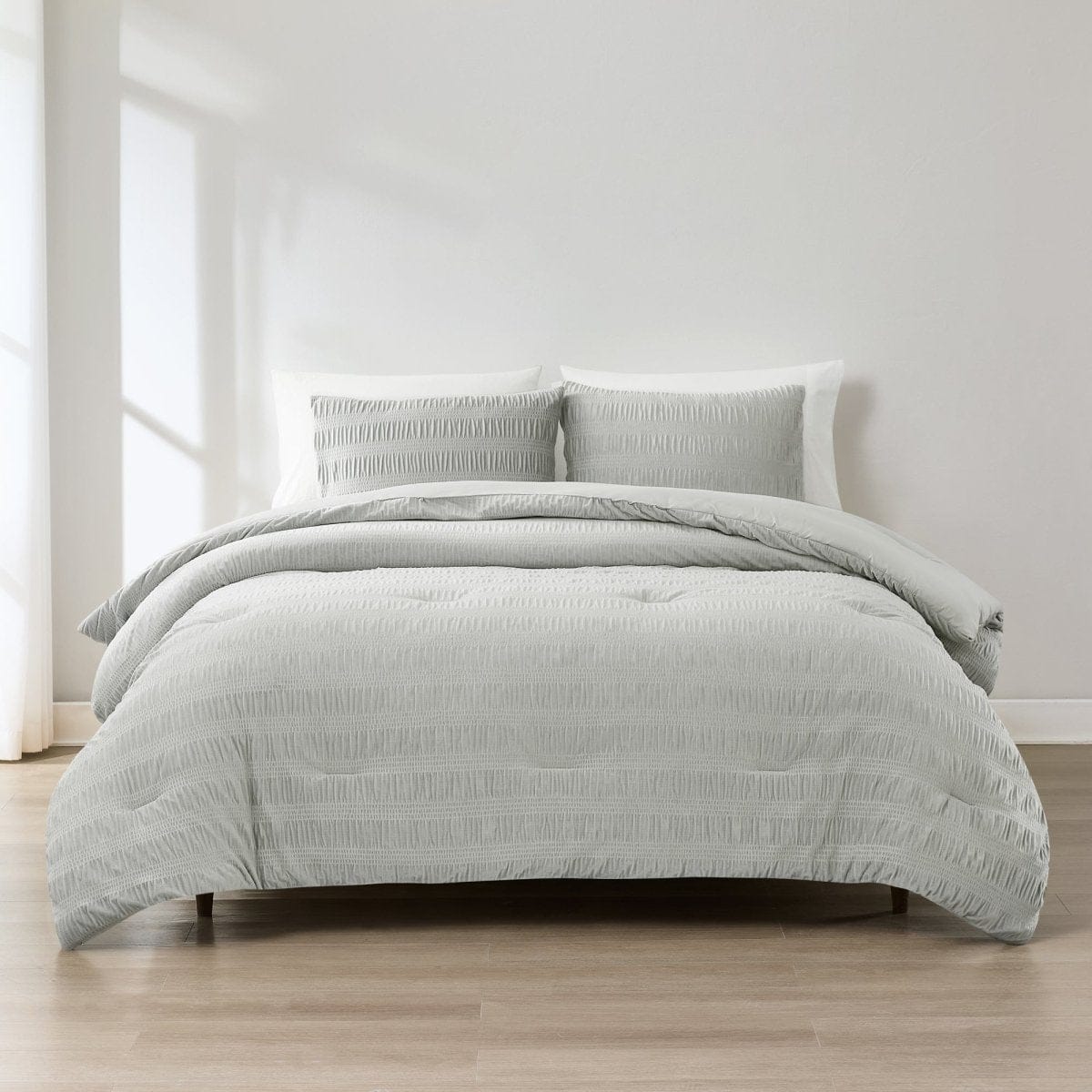 Azalea Ruched Velvet Stripe Comforter Set in Teal Green or Light Grey