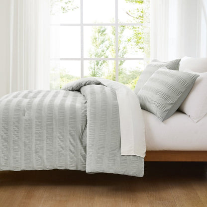 Azalea Ruched Velvet Stripe Comforter Set in Teal Green or Light Grey