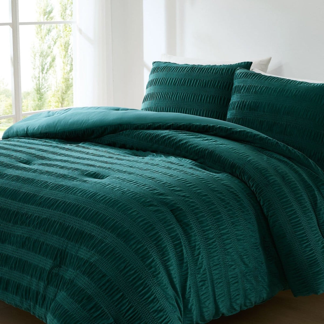 Azalea Ruched Velvet Stripe Comforter Set in Teal Green or Light Grey