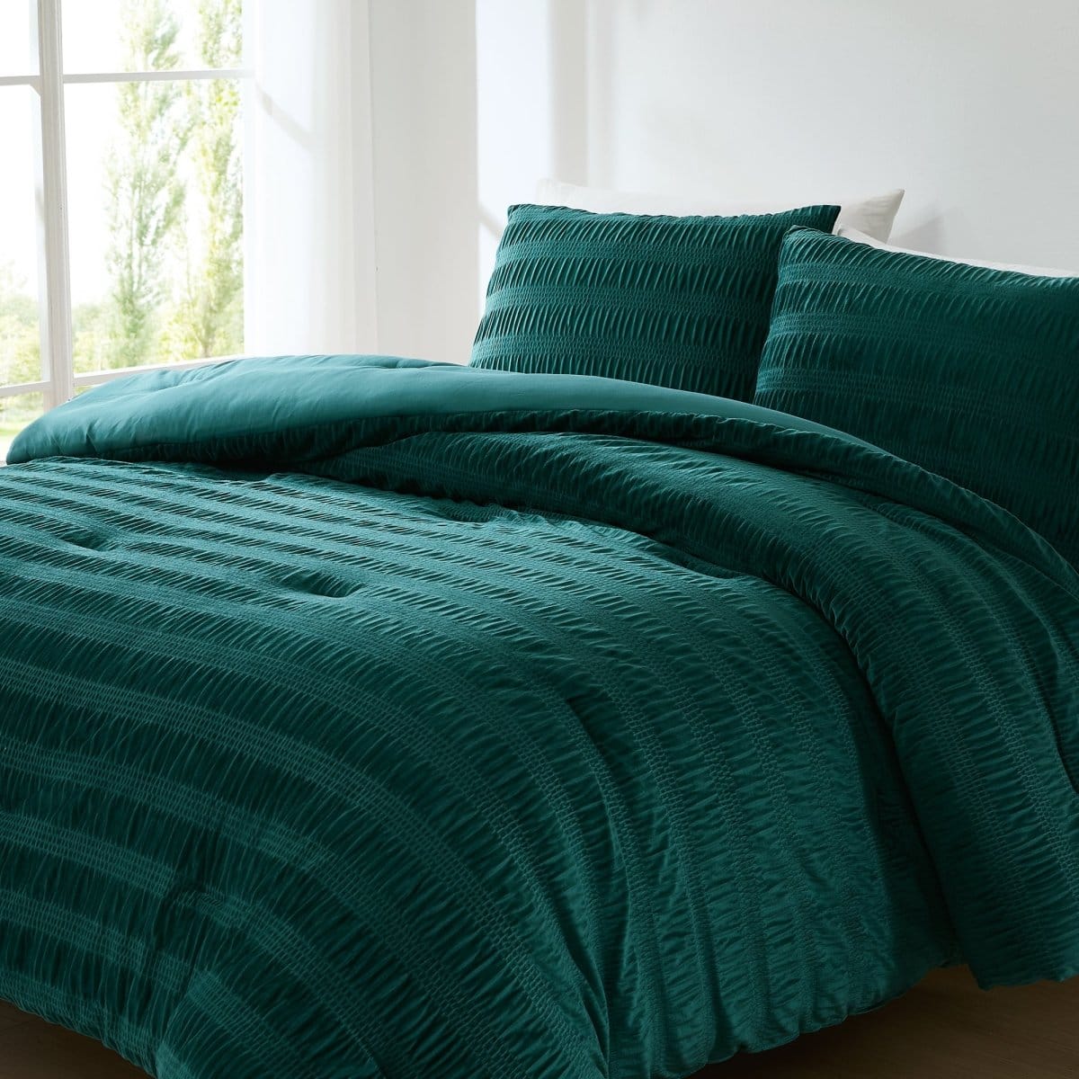 Azalea Ruched Velvet Stripe Comforter Set in Teal Green or Light Grey
