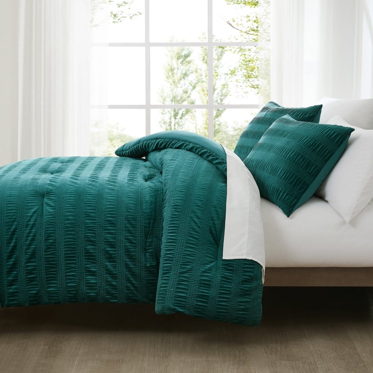 Azalea Ruched Velvet Stripe Comforter Set in Teal Green or Light Grey