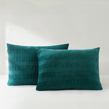 Azalea Ruched Velvet Stripe Comforter Set in Teal Green or Light Grey