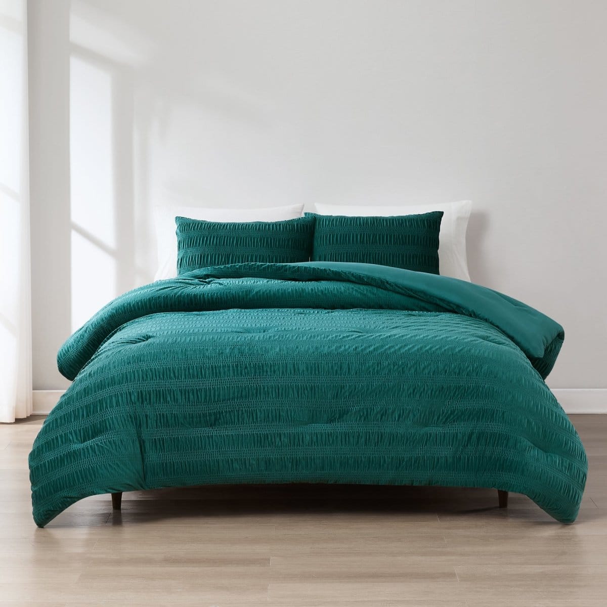 Azalea Ruched Velvet Stripe Comforter Set in Teal Green or Light Grey