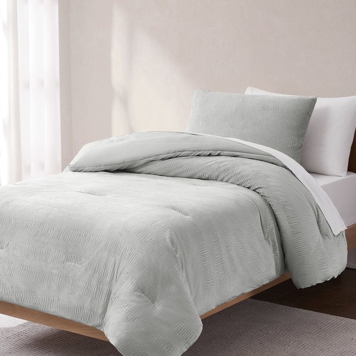Azalea Ruched Velvet Stripe Comforter Set in Teal Green or Light Grey
