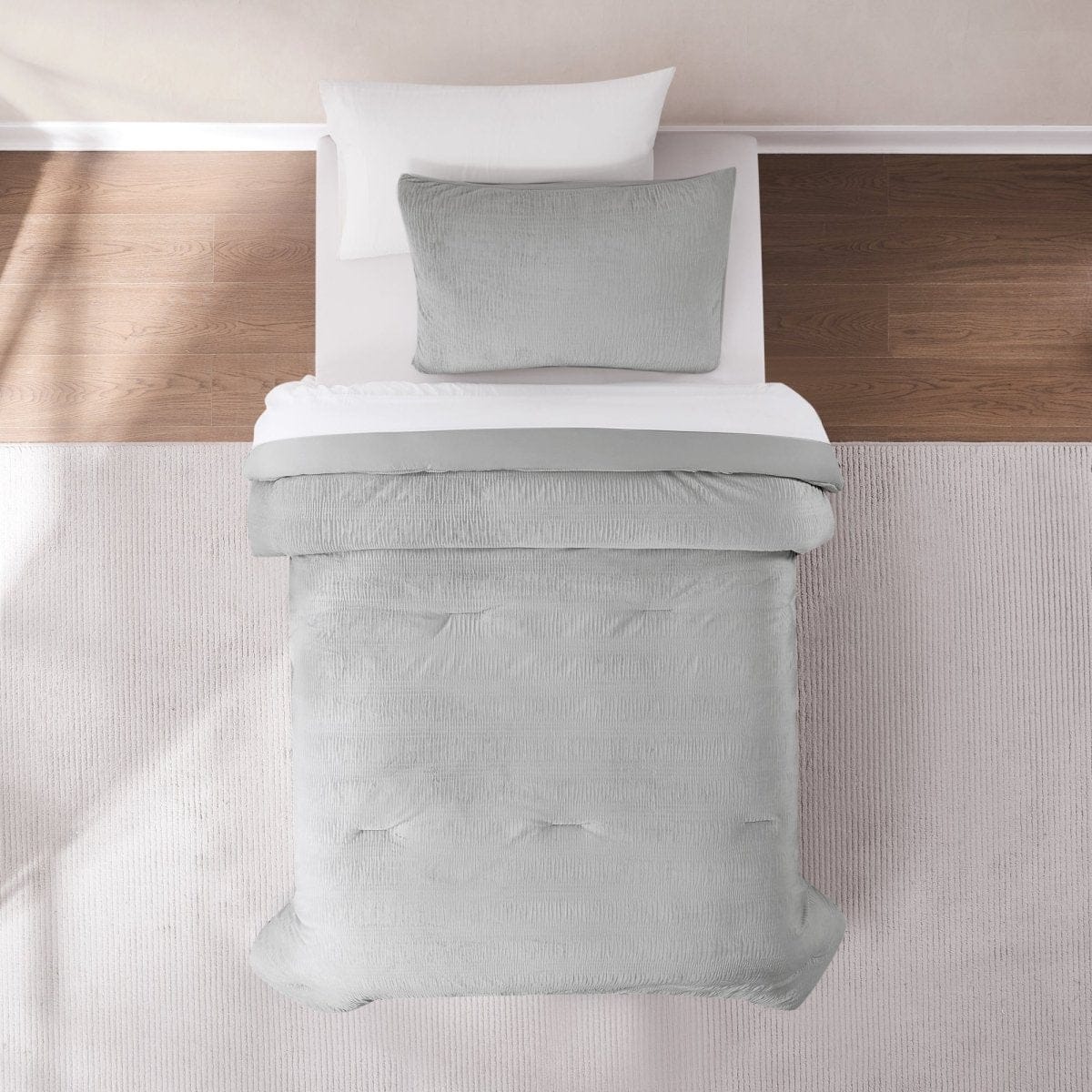 Azalea Ruched Velvet Stripe Comforter Set in Teal Green or Light Grey