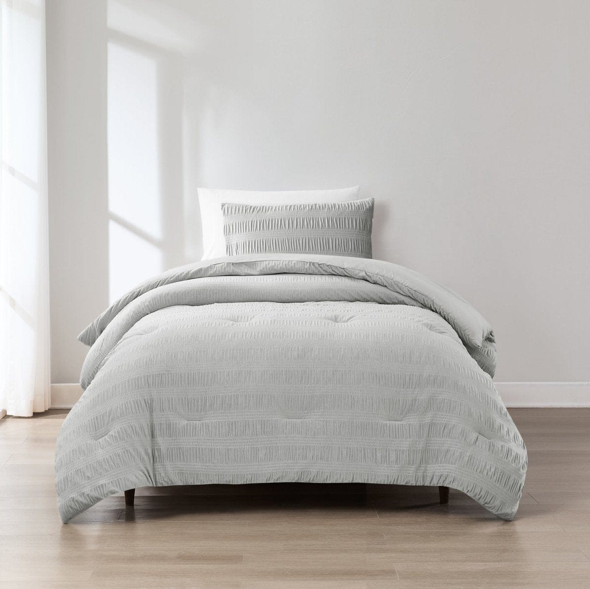 Azalea Ruched Velvet Stripe Comforter Set in Teal Green or Light Grey