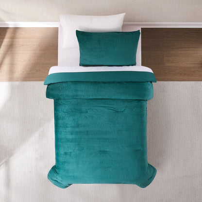 Azalea Ruched Velvet Stripe Comforter Set in Teal Green or Light Grey