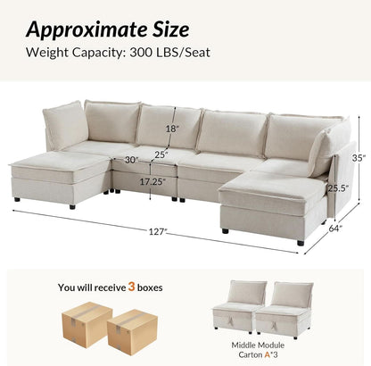 Oversized Modular Cloud Sectional Sofa w/ Storage Ottoman - Beige