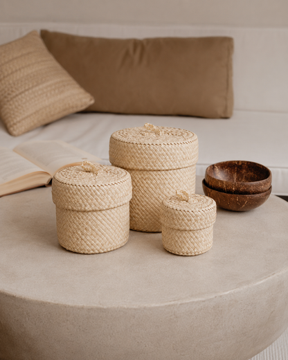 Handmade Blonde Pandanus Leaf Small Storage Baskets - Set of 3