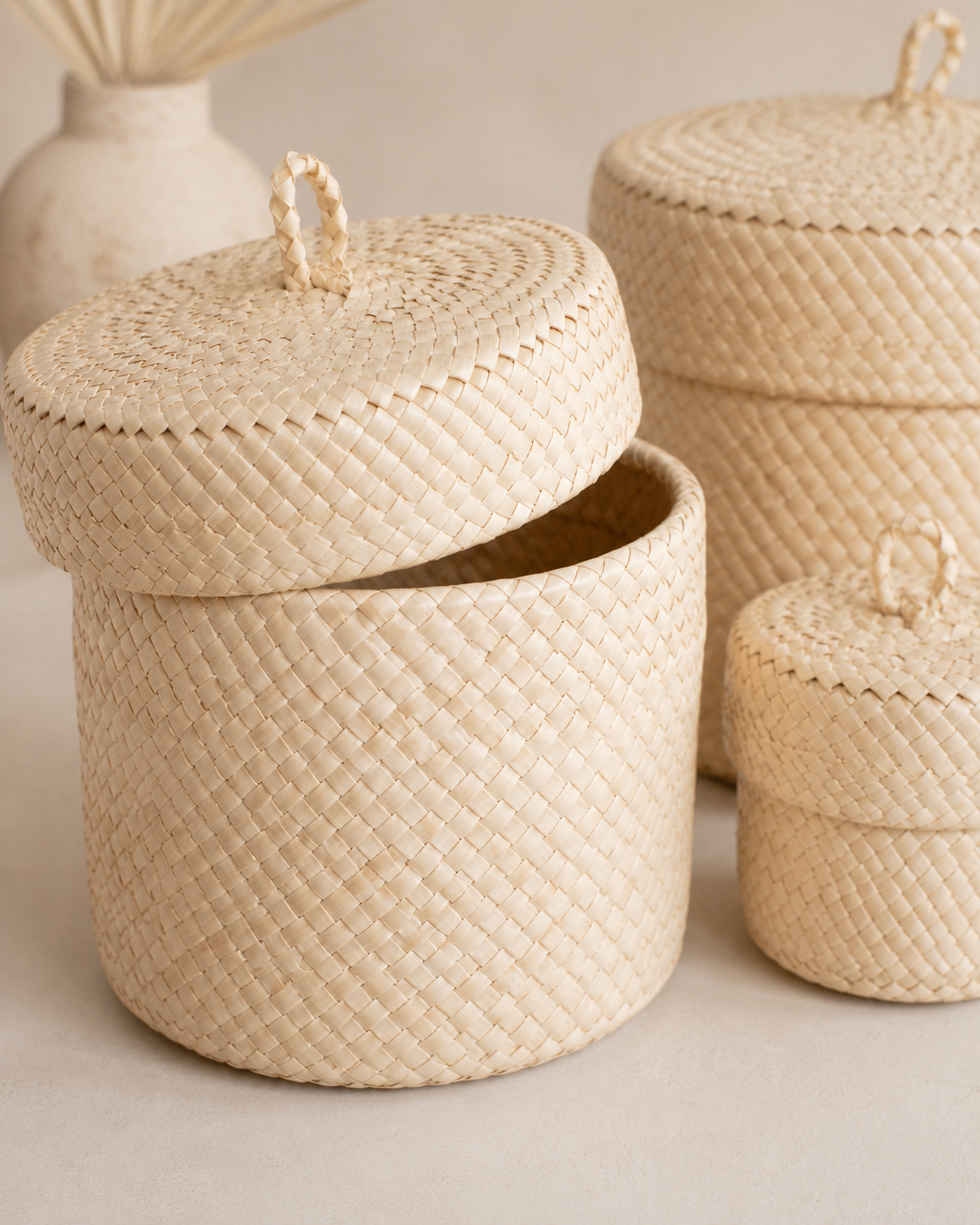 Handmade Blonde Pandanus Leaf Small Storage Baskets - Set of 3