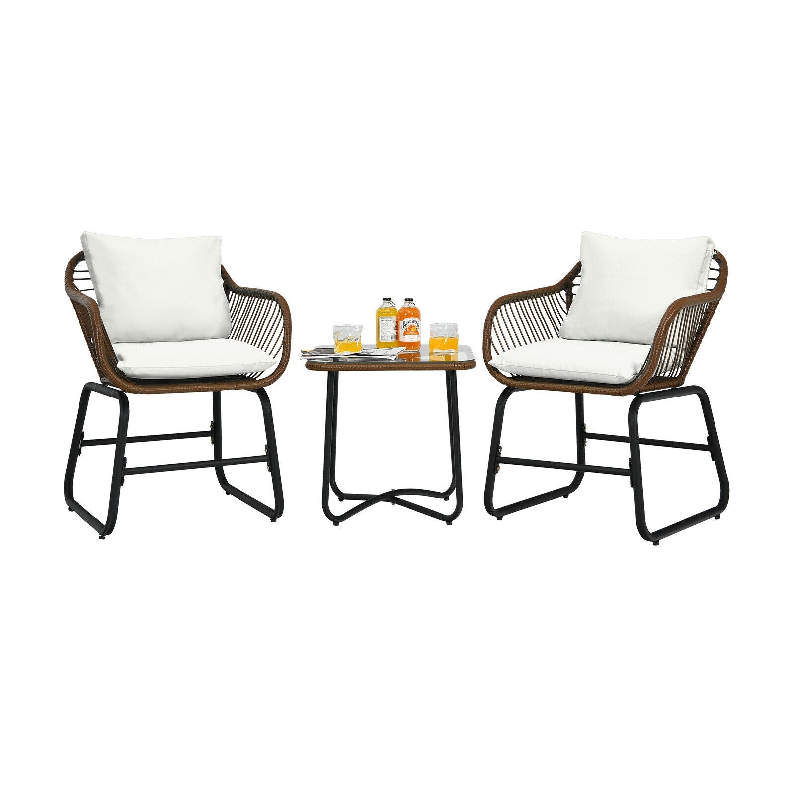 3 Pc Rattan Bistro Set with White Cushions