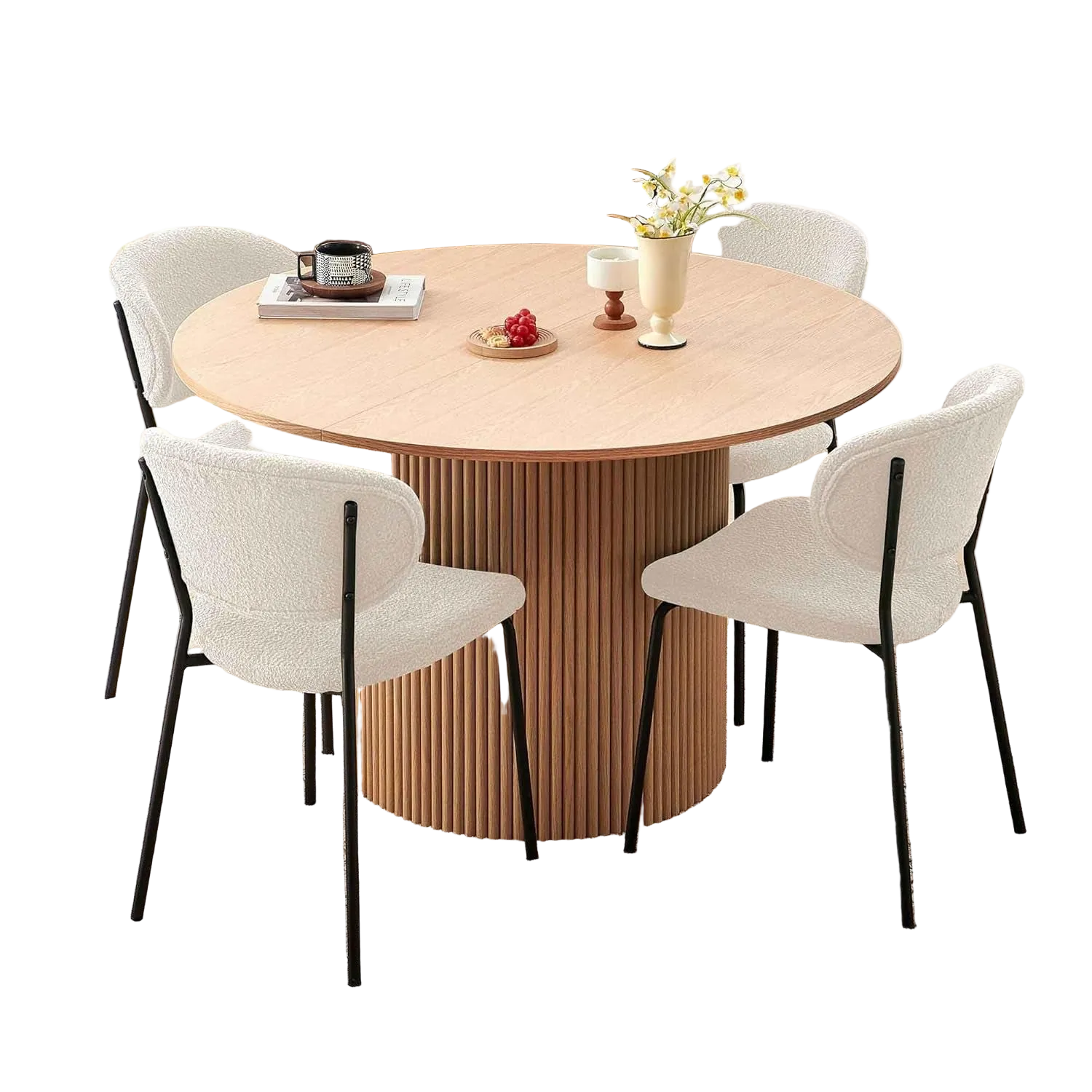 47 Inch Round Dining Table Set Beige Oak Boucle Padded Seating