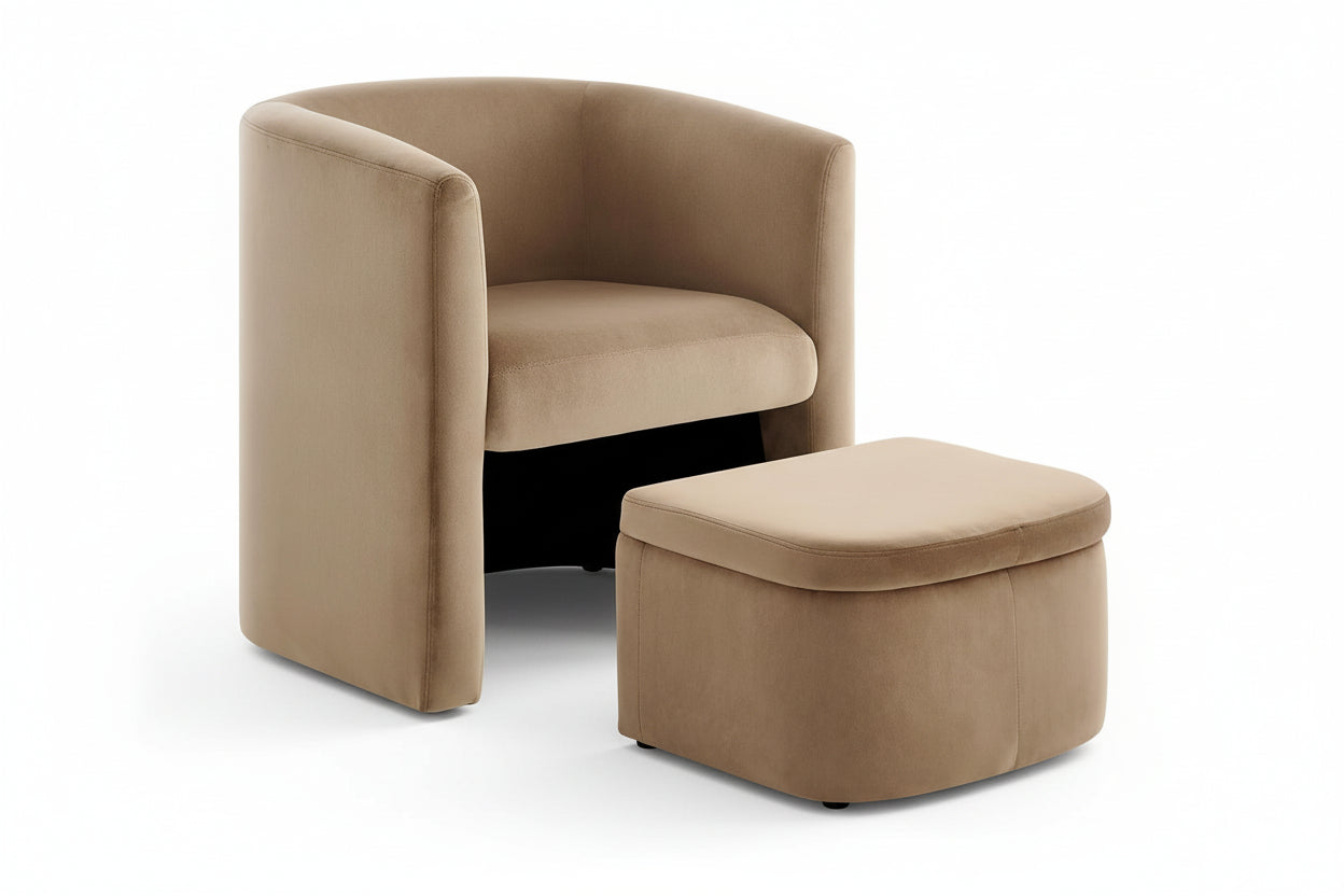 Curved Velvet Accent Chair With Storage Ottoman