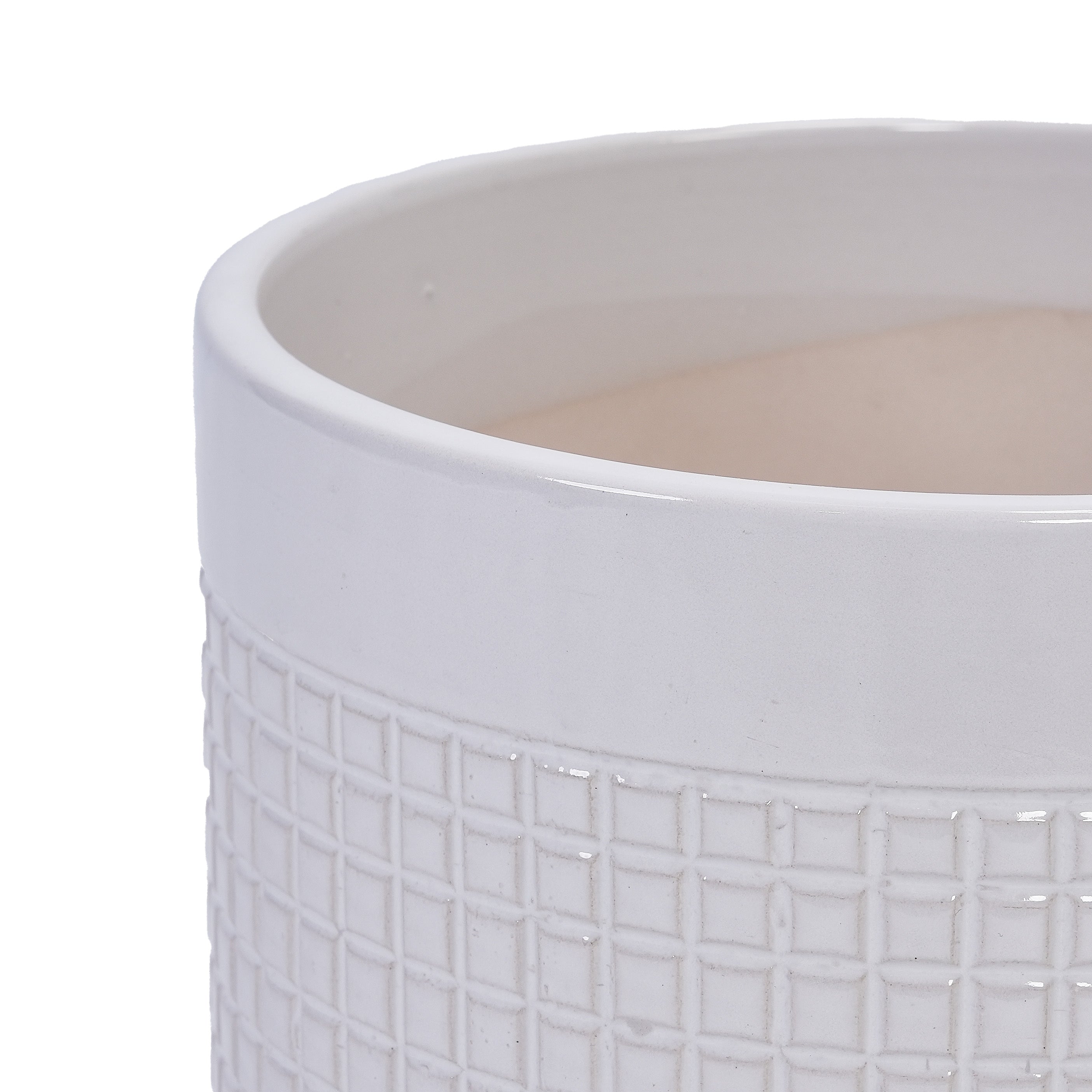 Set of 3 Grid Ceramic Flowerpots - Antique White