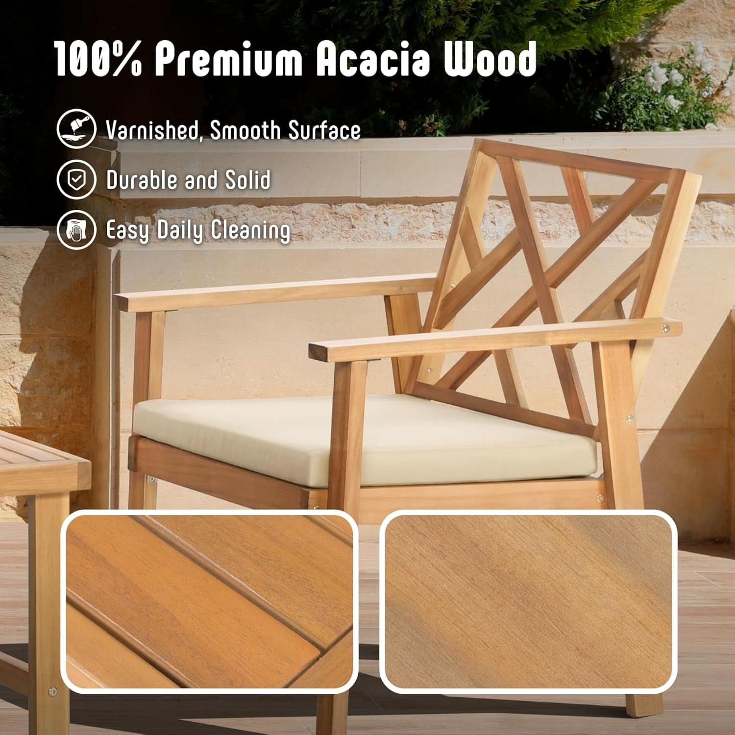 3 Piece Outdoor Acacia Wood Cushioned Chairs And Coffee Table Set