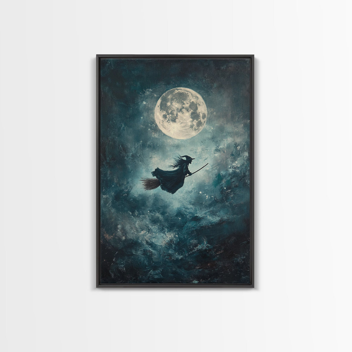 Witch Riding Under a Full Moon - Framed Canvas Print