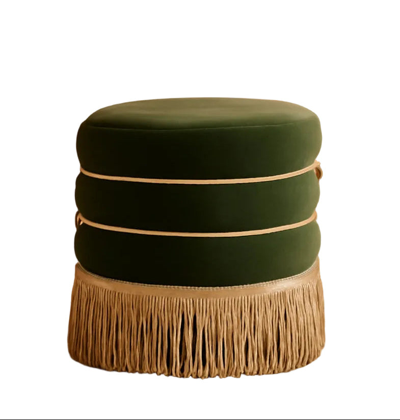 Olive Performance Velvet Round Ottoman With Fringe