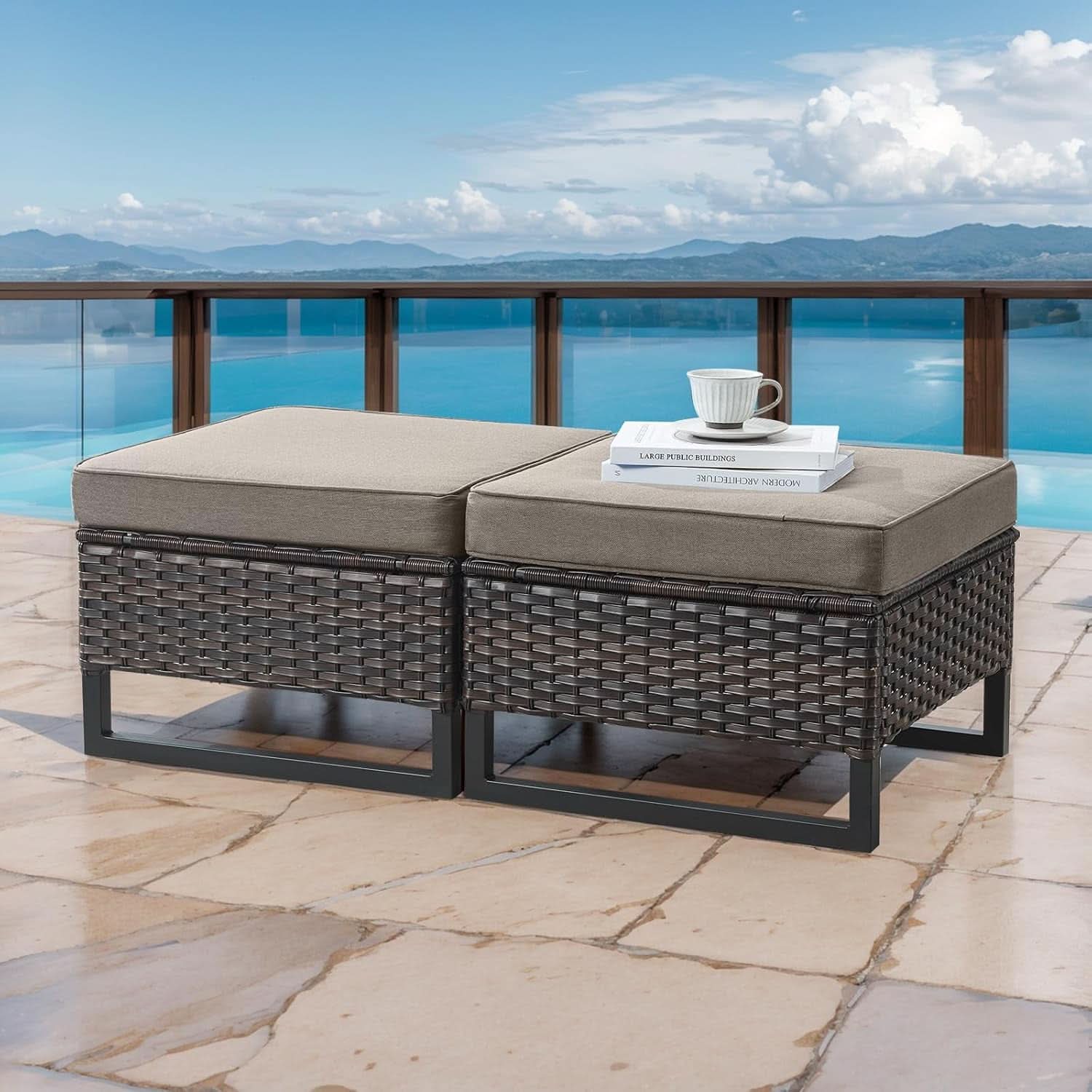 9 Piece Wicker Patio Furniture Set with 2 Sofas and 2 Swivel Rockers - Brown/Gray