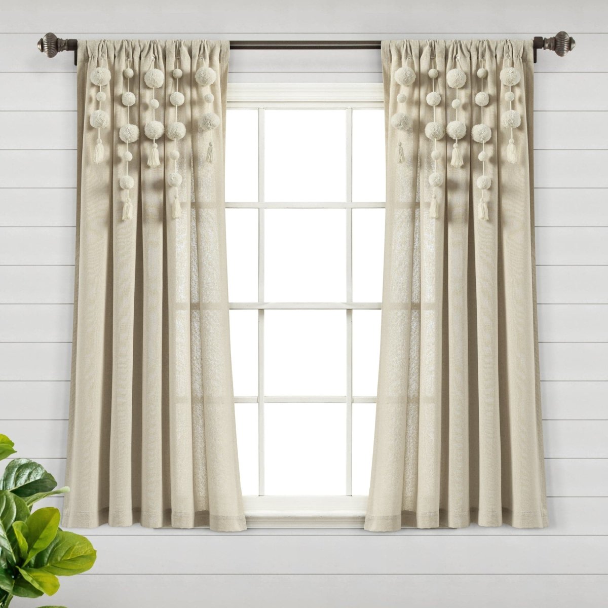 Boho Pom Pom Tassel Faux Linen Window Curtain Panels