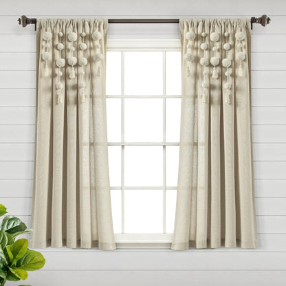 Boho Pom Pom Tassel Faux Linen Window Curtain Panels