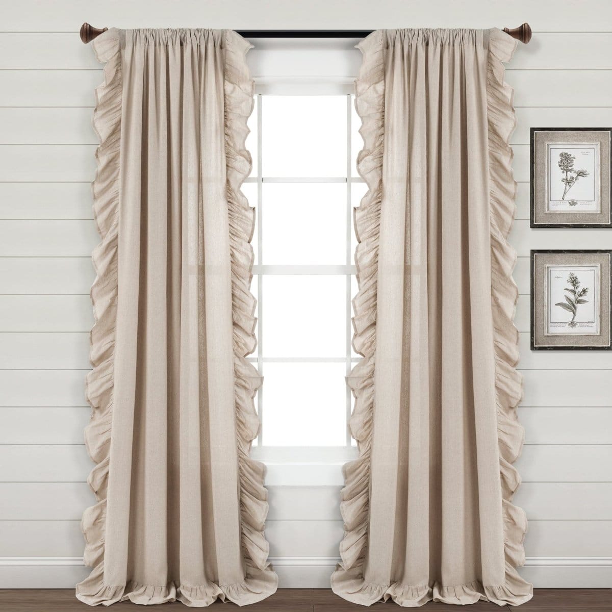 Faux Linen Ruffle Window Curtain Panels