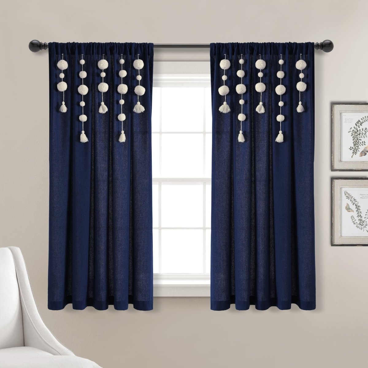 Boho Pom Pom Tassel Faux Linen Window Curtain Panels