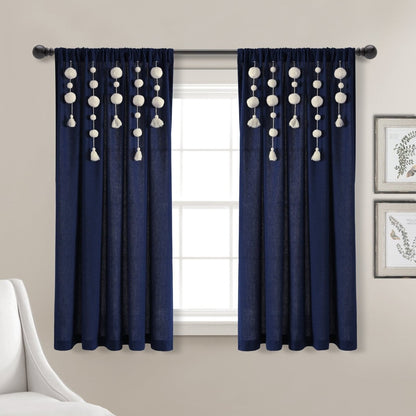 Boho Pom Pom Tassel Faux Linen Window Curtain Panels