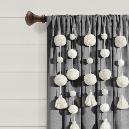 Boho Pom Pom Tassel Faux Linen Window Curtain Panels