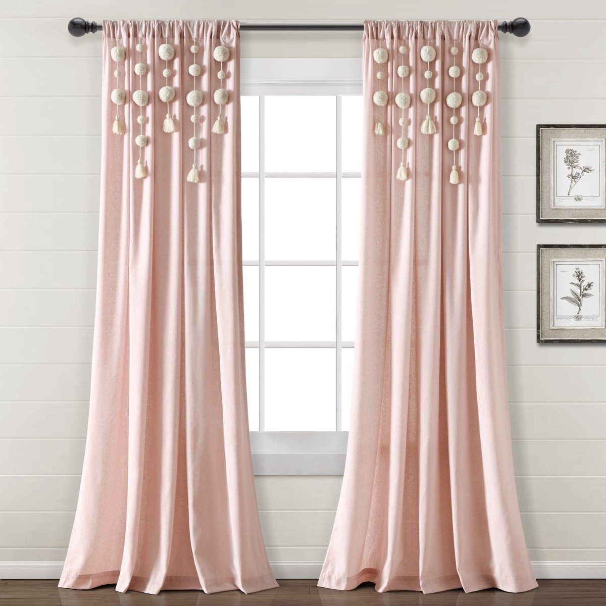 Boho Pom Pom Tassel Faux Linen Window Curtain Panels