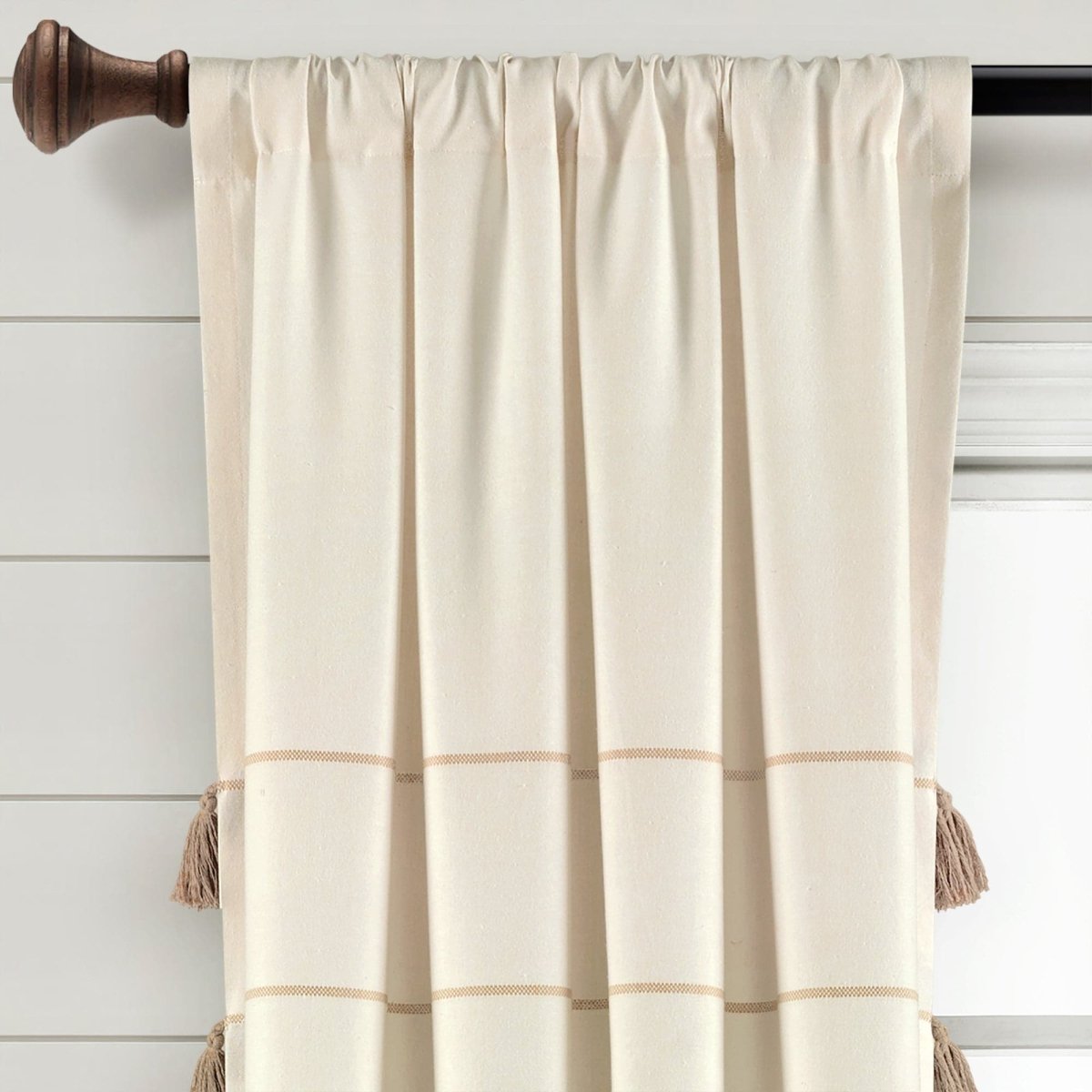 Farmhouse Boho Stripe Woven Tassel Yarn Dyed Recycled Cotton Blend Window Curtain Panel Sets