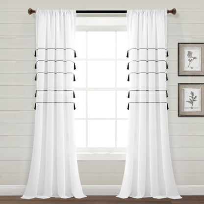 Farmhouse Boho Stripe Woven Tassel Yarn Dyed Recycled Cotton Blend Window Curtain Panel Sets
