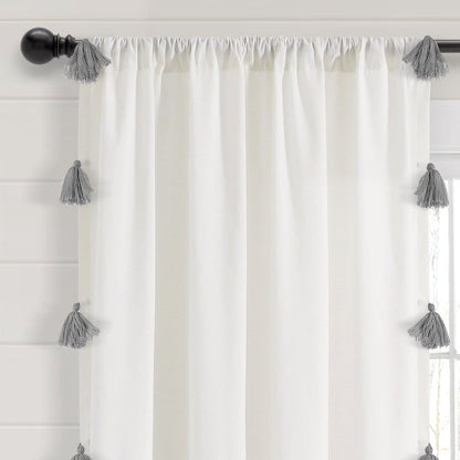 Boho Faux Linen Texture Tassel Window Curtain Panel