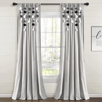 Boho Pom Pom Tassel Faux Linen Window Curtain Panels