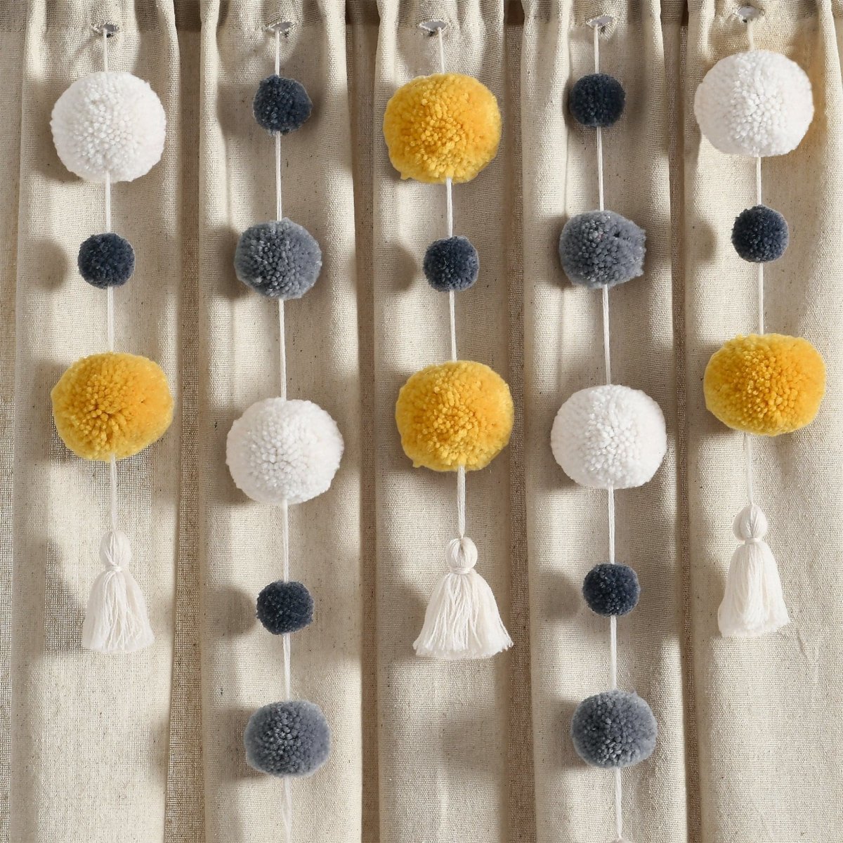 Boho Pom Pom Tassel Faux Linen Window Curtain Panels