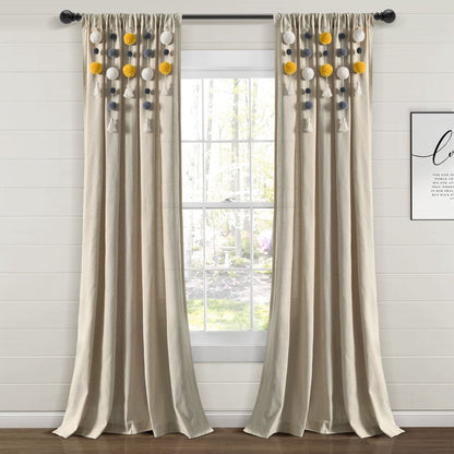 Boho Pom Pom Tassel Faux Linen Window Curtain Panels